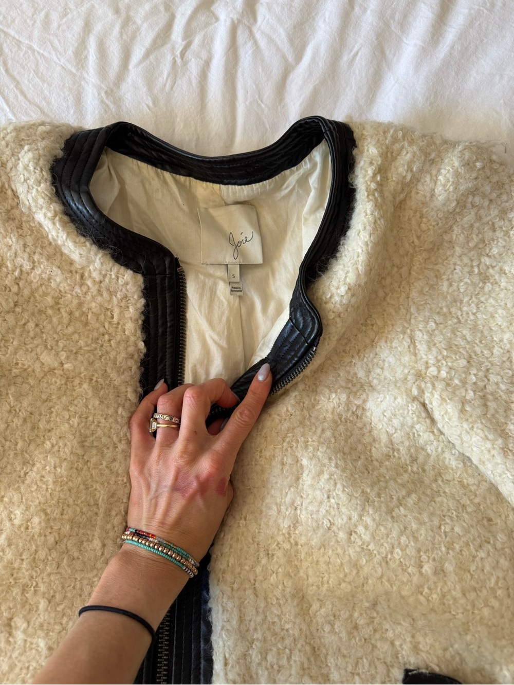 Joie Cream Bouclé Zip-Front Jacket with Black Trim - Picture 2 of 2